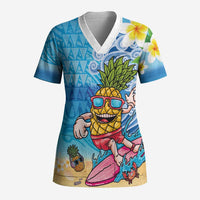 Hawaiian Funny Pineapple Surfing Scrub Top Beach with Tribal Kakau and Plumeria LT03 Adult Multicolor - Polynesian Pride