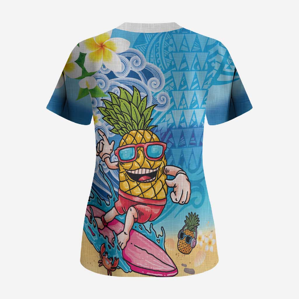 Hawaiian Funny Pineapple Surfing Scrub Top Beach with Tribal Kakau and Plumeria LT03 - Polynesian Pride