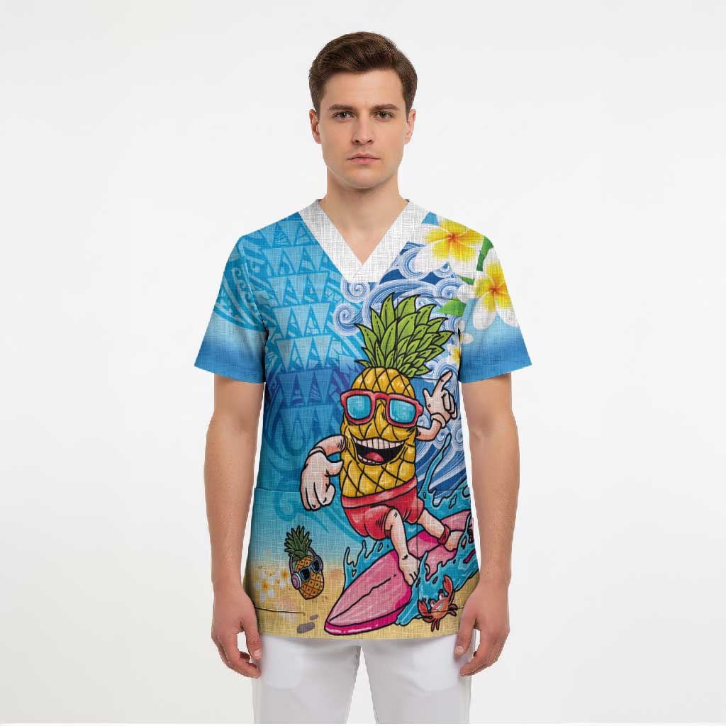 Hawaiian Funny Pineapple Surfing Scrub Top Beach with Tribal Kakau and Plumeria LT03 - Polynesian Pride