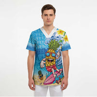 Hawaiian Funny Pineapple Surfing Scrub Top Beach with Tribal Kakau and Plumeria LT03 - Polynesian Pride