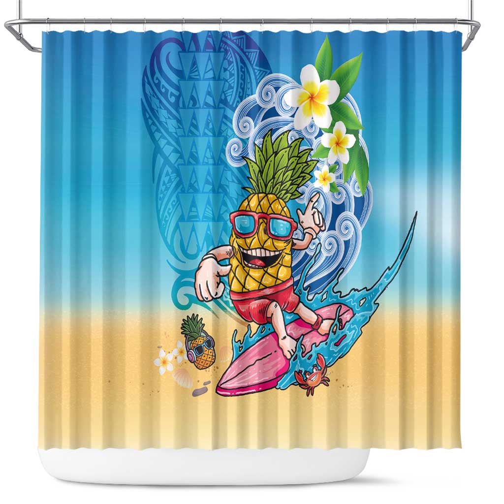 Hawaiian Funny Pineapple Surfing Shower Curtain Beach with Tribal Kakau and Plumeria LT03 Multicolor - Polynesian Pride