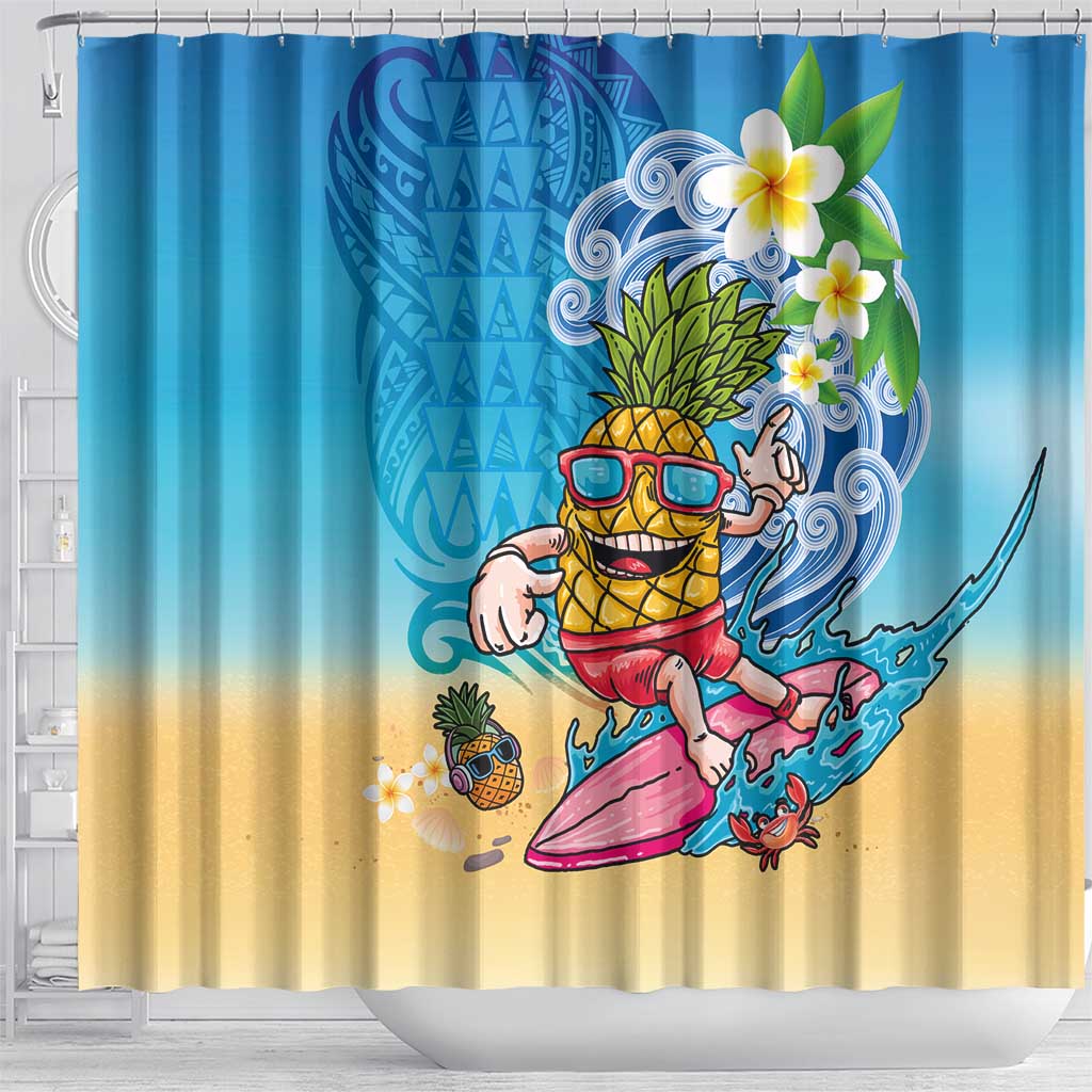 Hawaiian Funny Pineapple Surfing Shower Curtain Beach with Tribal Kakau and Plumeria LT03 - Polynesian Pride