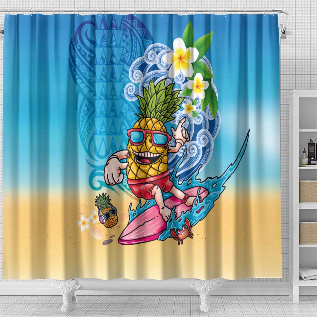 Hawaiian Funny Pineapple Surfing Shower Curtain Beach with Tribal Kakau and Plumeria LT03 - Polynesian Pride