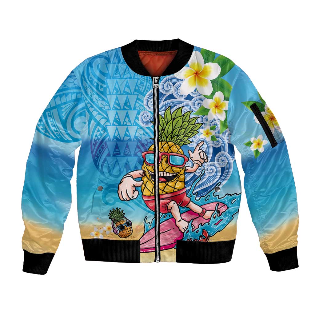 Hawaiian Funny Pineapple Surfing Sleeve Zip Bomber Jacket Beach with Tribal Kakau and Plumeria LT03 Unisex Multicolor - Polynesian Pride