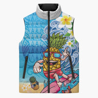 Hawaiian Funny Pineapple Surfing Sleeveless Puffer Jacket Beach with Tribal Kakau and Plumeria LT03 Unisex Multicolor - Polynesian Pride