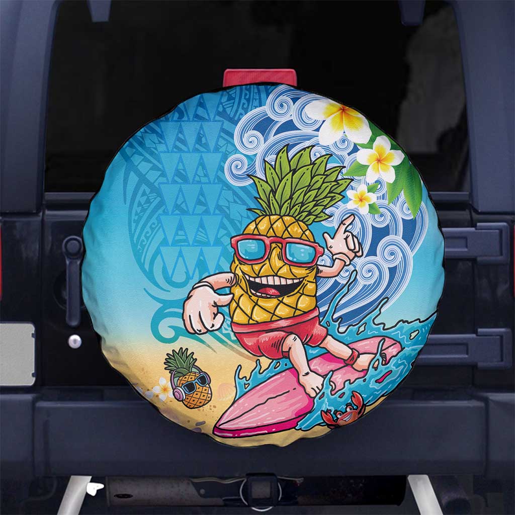 Hawaiian Funny Pineapple Surfing Spare Tire Cover Beach with Tribal Kakau and Plumeria LT03 No hole Multicolor - Polynesian Pride