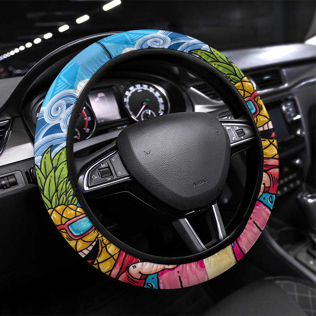 Hawaiian Funny Pineapple Surfing Steering Wheel Cover Beach with Tribal Kakau and Plumeria LT03 Universal Fit Multicolor - Polynesian Pride