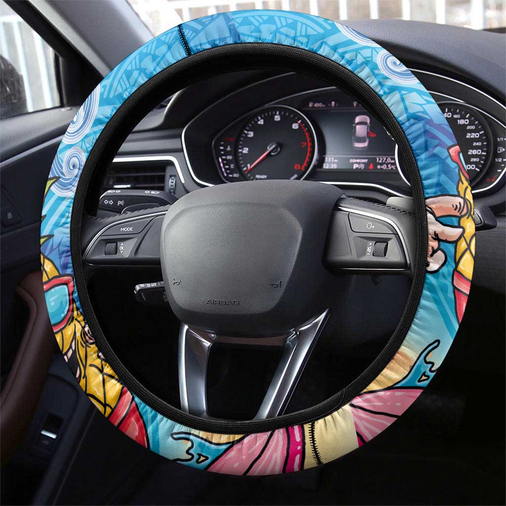 Hawaiian Funny Pineapple Surfing Steering Wheel Cover Beach with Tribal Kakau and Plumeria LT03 - Polynesian Pride