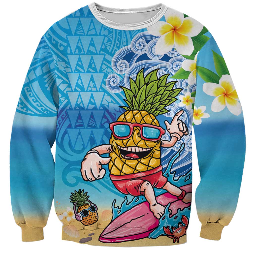 Hawaiian Funny Pineapple Surfing Sweatshirt Beach with Tribal Kakau and Plumeria LT03 Unisex Multicolor - Polynesian Pride