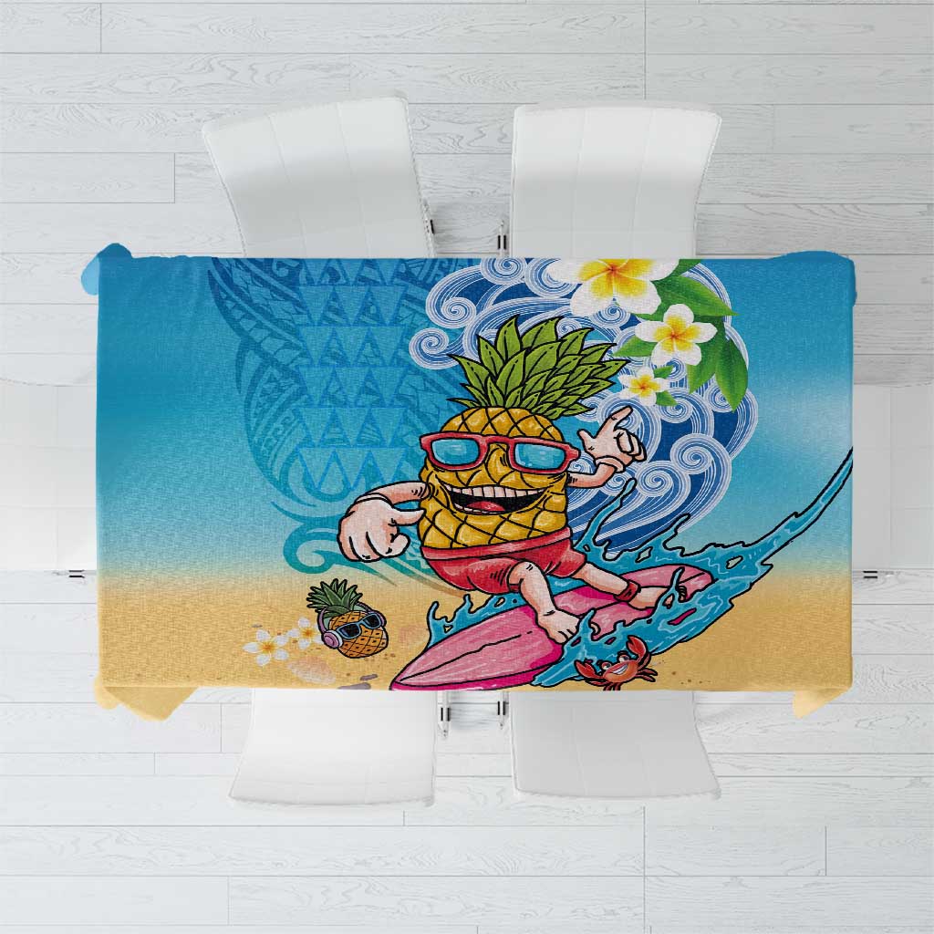 Hawaiian Funny Pineapple Surfing Tablecloth Beach with Tribal Kakau and Plumeria LT03 Multicolor - Polynesian Pride