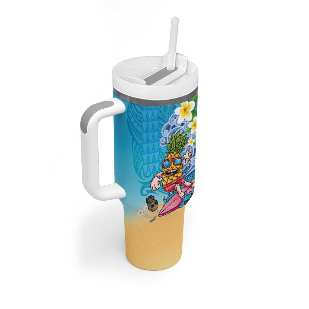 Hawaiian Funny Pineapple Surfing Tumbler With Handle Beach with Tribal Kakau and Plumeria LT03 - Polynesian Pride