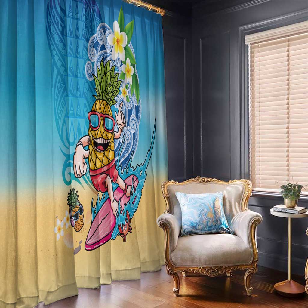 Hawaiian Funny Pineapple Surfing Window Curtain Beach with Tribal Kakau and Plumeria LT03 - Polynesian Pride