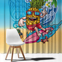 Hawaiian Funny Pineapple Surfing Window Curtain Beach with Tribal Kakau and Plumeria LT03 - Polynesian Pride