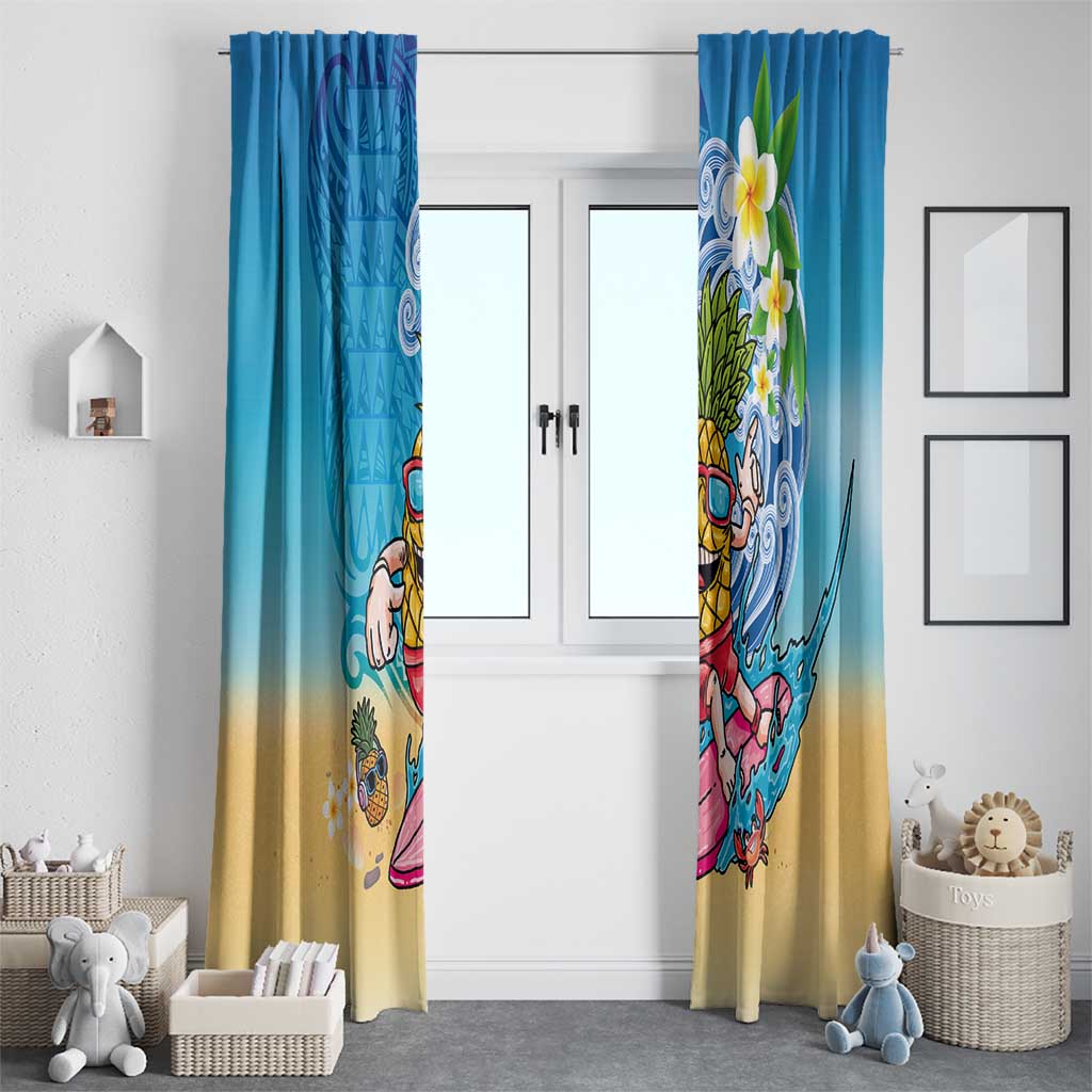 Hawaiian Funny Pineapple Surfing Window Curtain Beach with Tribal Kakau and Plumeria LT03 - Polynesian Pride