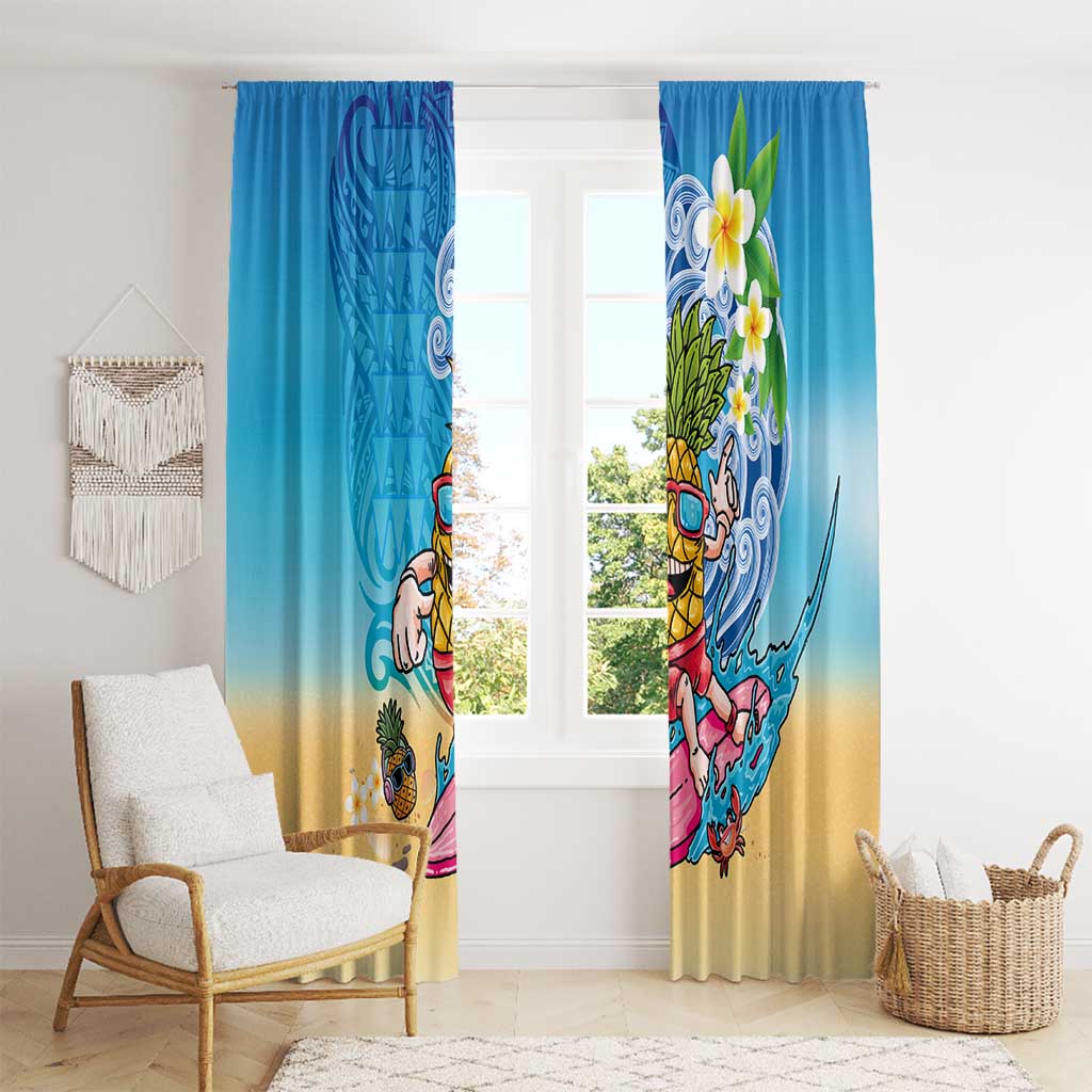 Hawaiian Funny Pineapple Surfing Window Curtain Beach with Tribal Kakau and Plumeria LT03 - Polynesian Pride