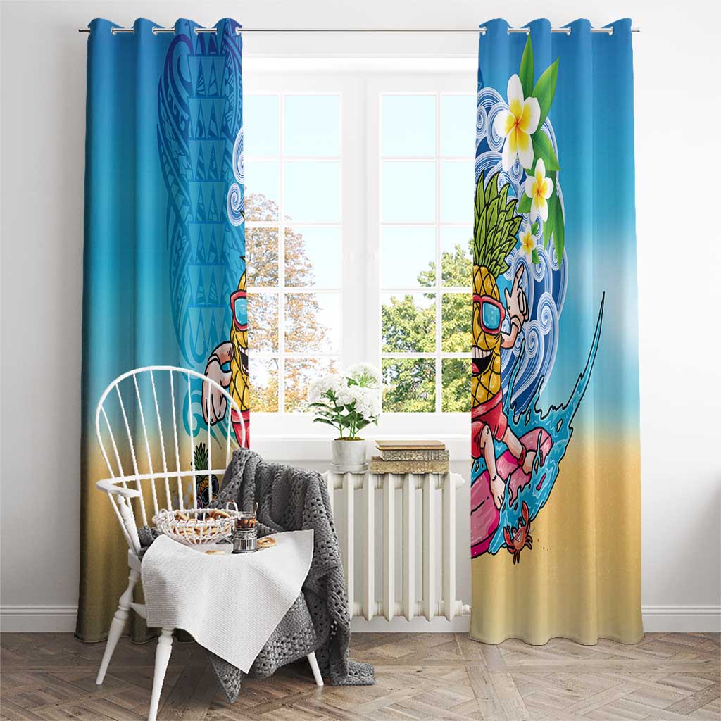 Hawaiian Funny Pineapple Surfing Window Curtain Beach with Tribal Kakau and Plumeria LT03 - Polynesian Pride