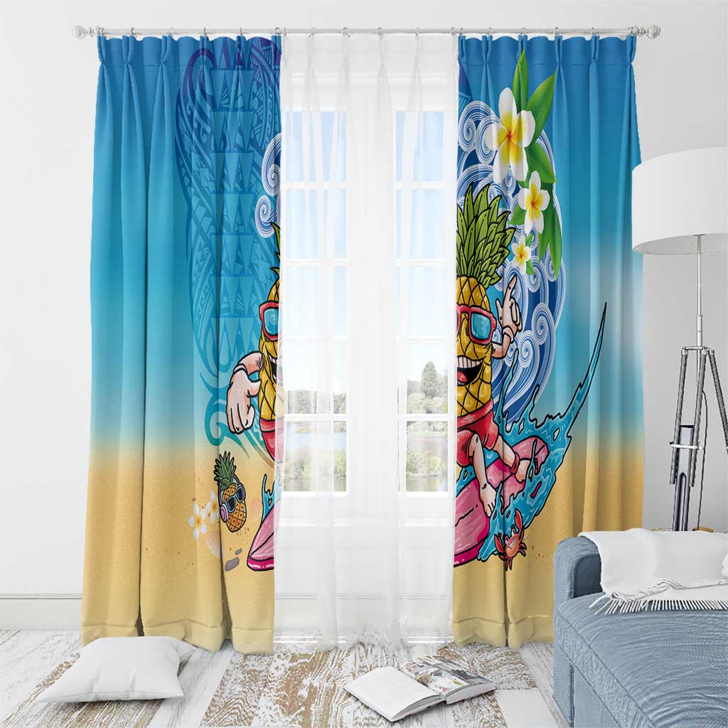 Hawaiian Funny Pineapple Surfing Window Curtain Beach with Tribal Kakau and Plumeria LT03 - Polynesian Pride