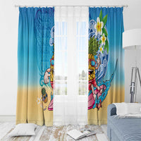 Hawaiian Funny Pineapple Surfing Window Curtain Beach with Tribal Kakau and Plumeria LT03 - Polynesian Pride