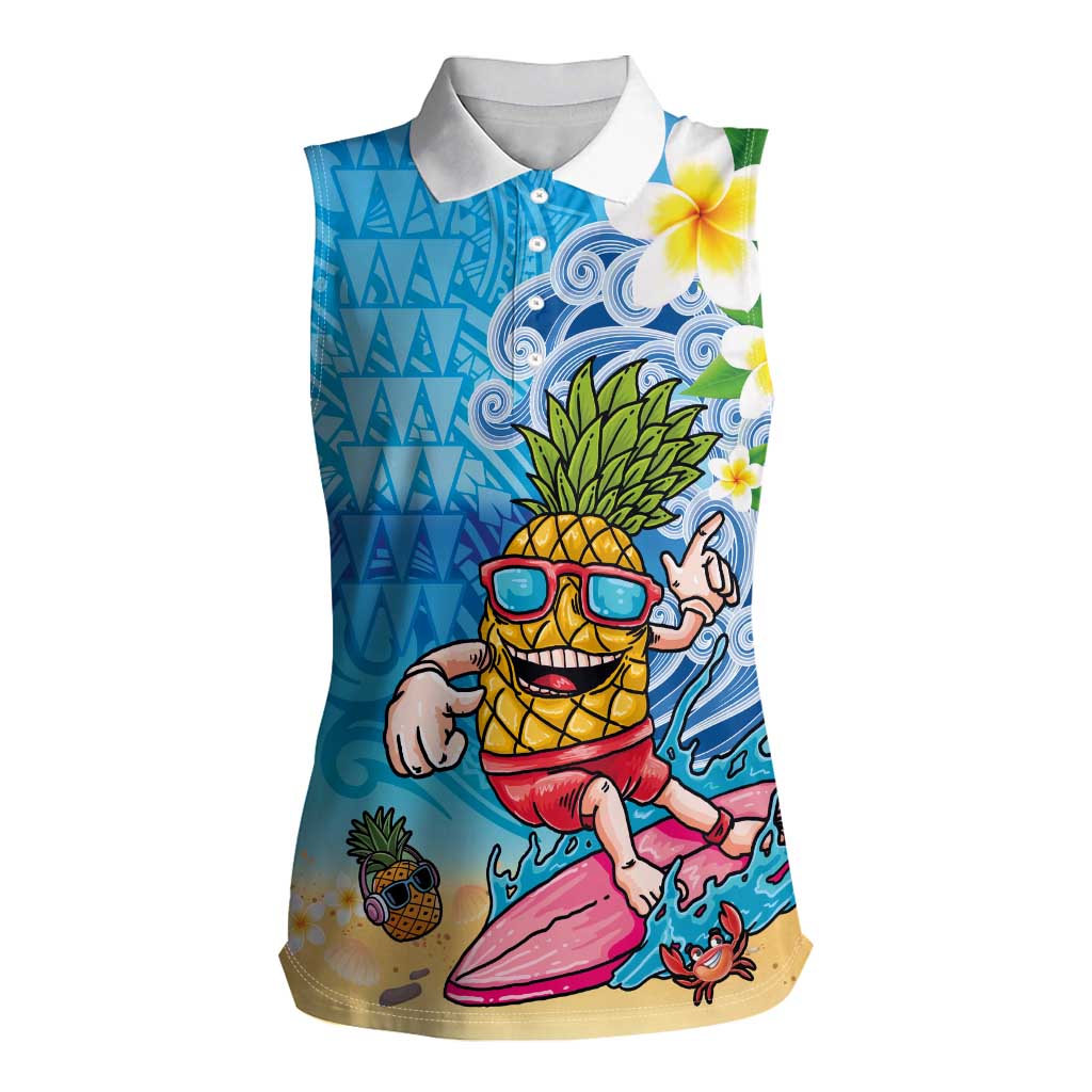 Hawaiian Funny Pineapple Surfing Women Sleeveless Polo Shirt Beach with Tribal Kakau and Plumeria LT03 Female Multicolor - Polynesian Pride