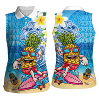 Hawaiian Funny Pineapple Surfing Women Sleeveless Polo Shirt Beach with Tribal Kakau and Plumeria