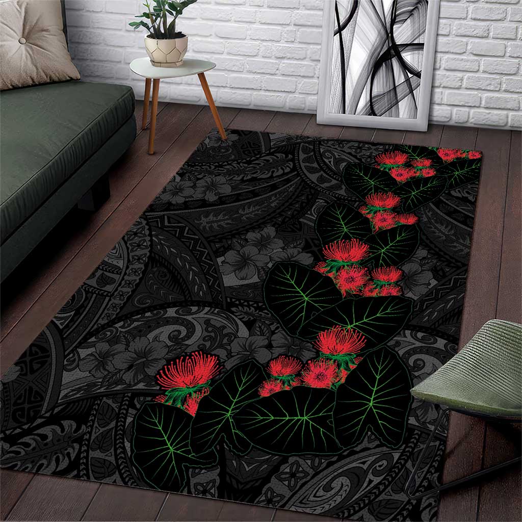 Hawaiian Taro Leaves and Ohia Lehua Area Rug Polynesian Tribal Art Tropical Plants Motifs Grayscale