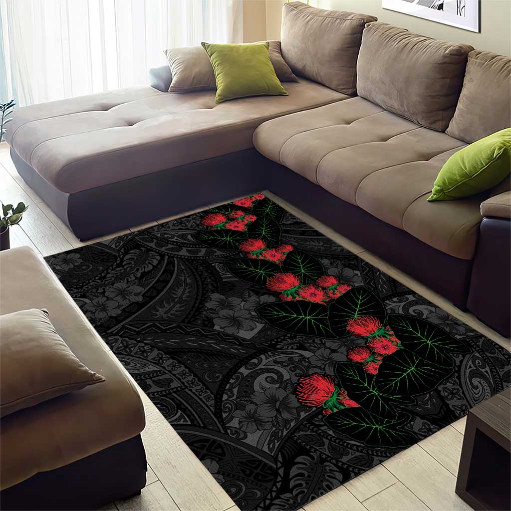 Hawaiian Taro Leaves and Ohia Lehua Area Rug Polynesian Tribal Art Tropical Plants Motifs Grayscale