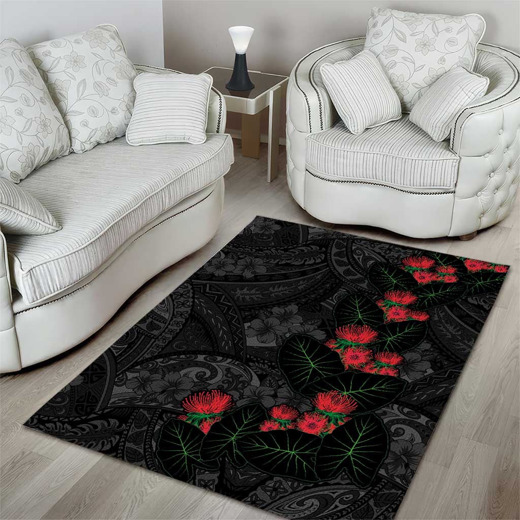 Hawaiian Taro Leaves and Ohia Lehua Area Rug Polynesian Tribal Art Tropical Plants Motifs Grayscale