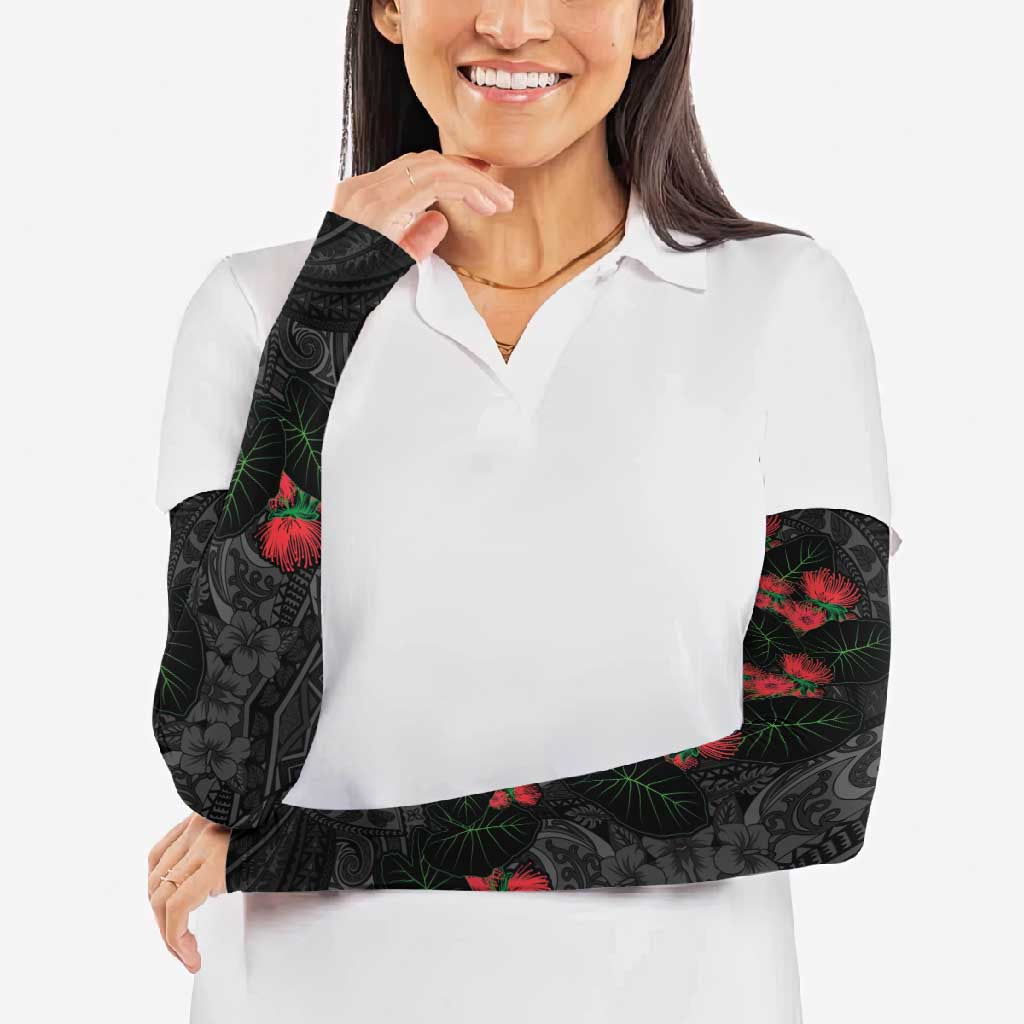 Hawaiian Taro Leaves and Ohia Lehua Arm Sleeves Polynesian Tribal Art Tropical Plants Motifs Grayscale