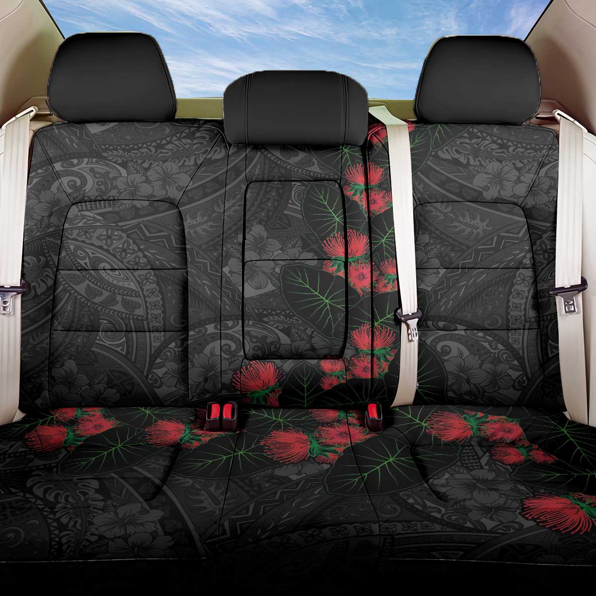 Hawaiian Taro Leaves and Ohia Lehua Back Car Seat Cover Polynesian Tribal Art Tropical Plants Motifs Grayscale