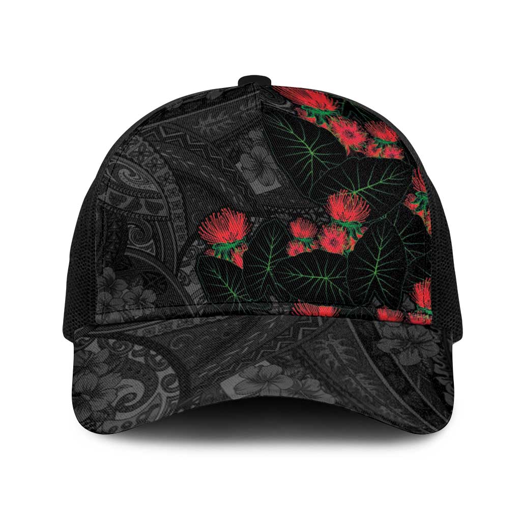 Hawaiian Taro Leaves and Ohia Lehua Baseball Net Cap Polynesian Tribal Art Tropical Plants Motifs Grayscale