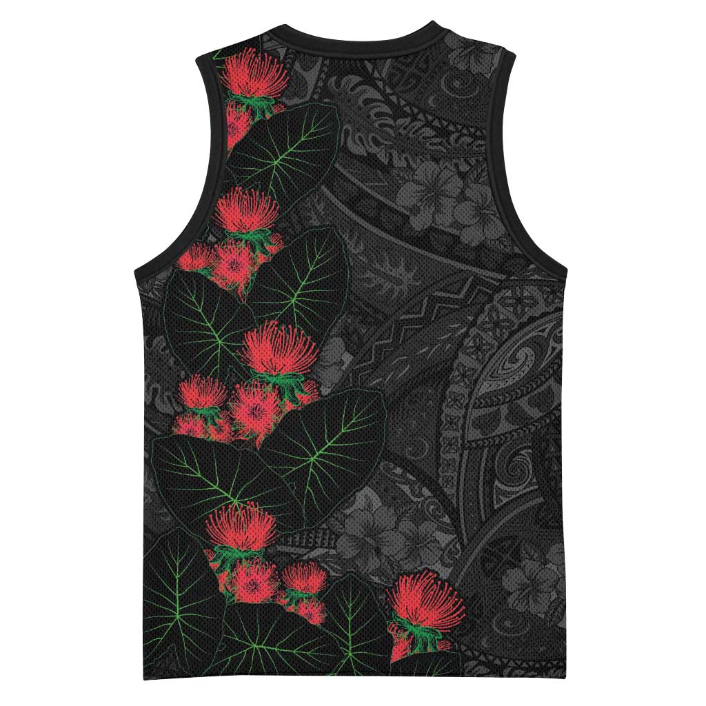 Hawaiian Taro Leaves and Ohia Lehua Basketball Jersey Polynesian Tribal Art Tropical Plants Motifs Grayscale