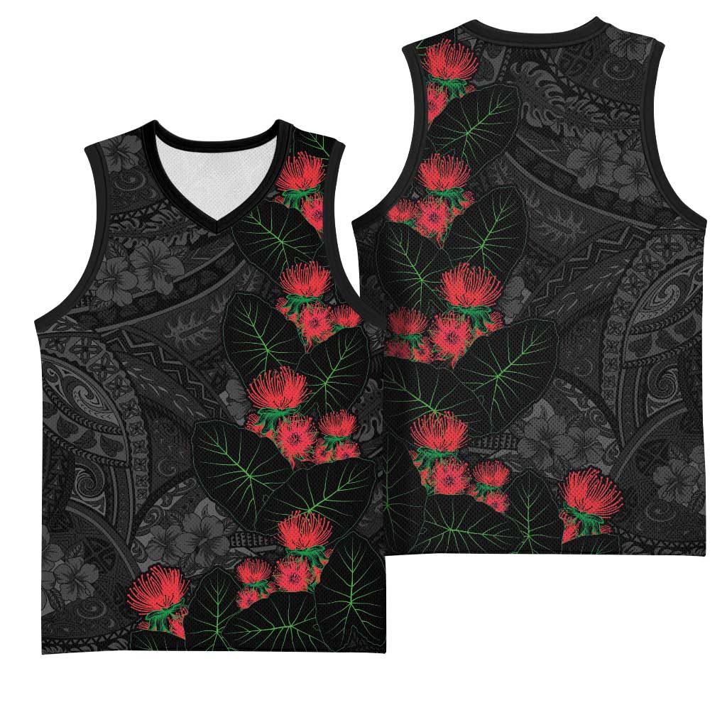 Hawaiian Taro Leaves and Ohia Lehua Basketball Jersey Polynesian Tribal Art Tropical Plants Motifs Grayscale