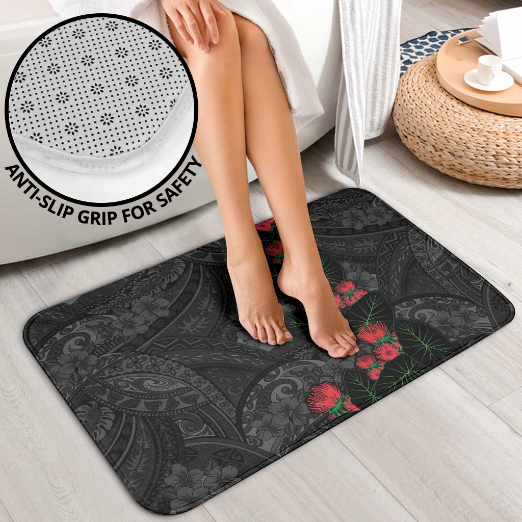 Hawaiian Taro Leaves and Ohia Lehua Bathroom Set Polynesian Tribal Art Tropical Plants Motifs Grayscale