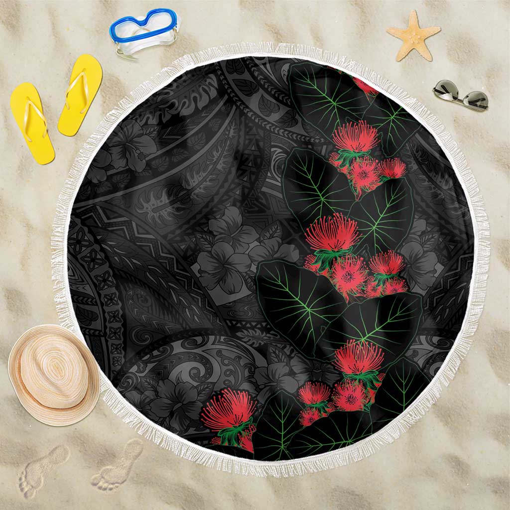 Hawaiian Taro Leaves and Ohia Lehua Beach Blanket Polynesian Tribal Art Tropical Plants Motifs Grayscale
