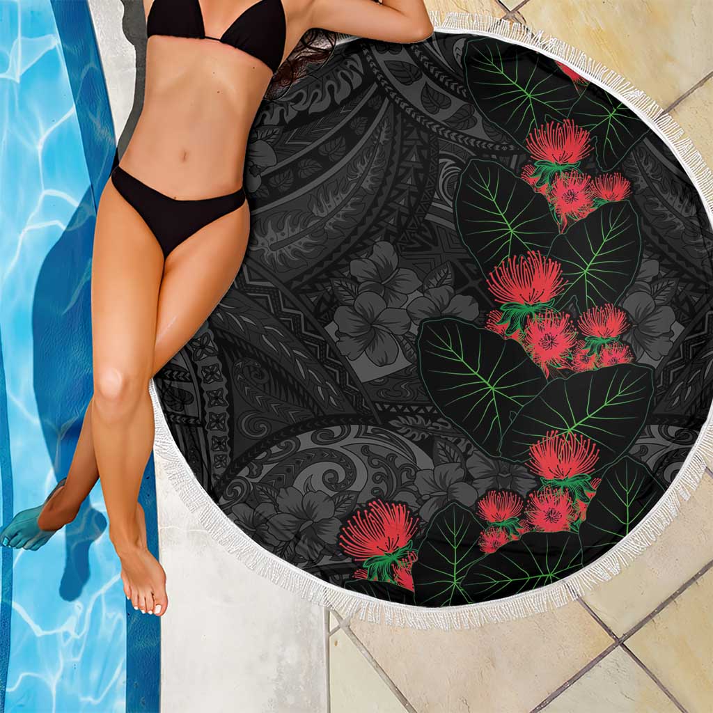 Hawaiian Taro Leaves and Ohia Lehua Beach Blanket Polynesian Tribal Art Tropical Plants Motifs Grayscale