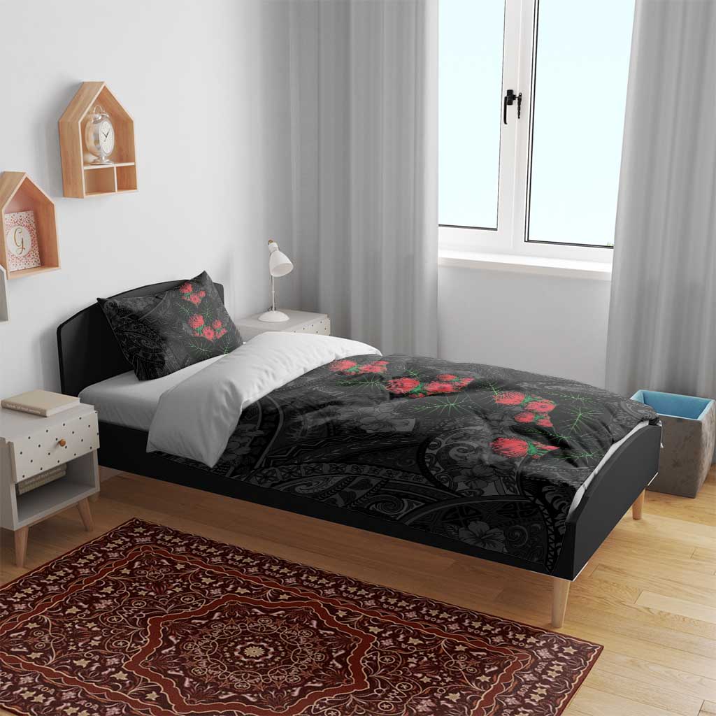 Hawaiian Taro Leaves and Ohia Lehua Bedding Set Polynesian Tribal Art Tropical Plants Motifs Grayscale LT03 - Polynesian Pride
