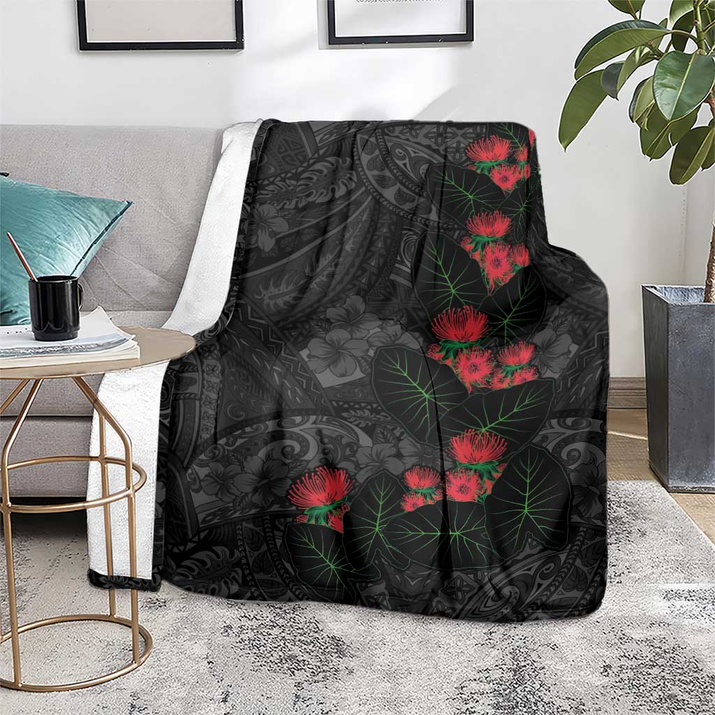 Hawaiian Taro Leaves and Ohia Lehua Blanket Polynesian Tribal Art Tropical Plants Motifs Grayscale