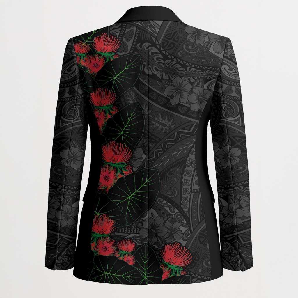 Hawaiian Taro Leaves and Ohia Lehua Blazer Polynesian Tribal Art Tropical Plants Motifs Grayscale