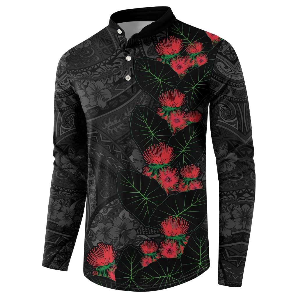 Hawaiian Taro Leaves and Ohia Lehua Button Sweatshirt Polynesian Tribal Art Tropical Plants Motifs Grayscale