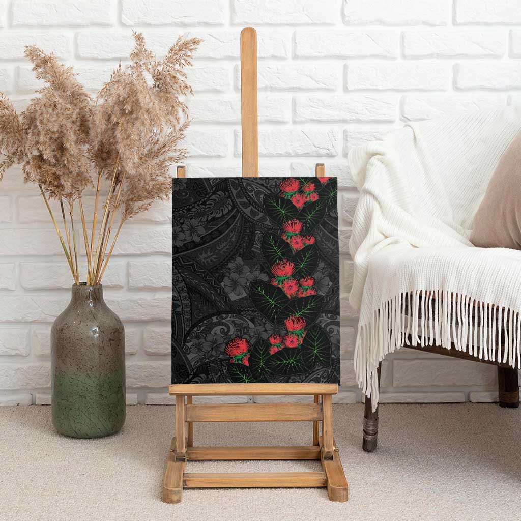Hawaiian Taro Leaves and Ohia Lehua Canvas Wall Art Polynesian Tribal Art Tropical Plants Motifs Grayscale