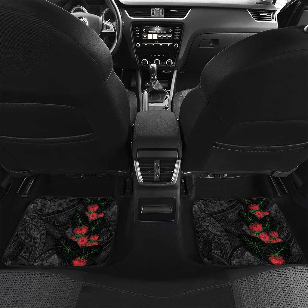 Hawaiian Taro Leaves and Ohia Lehua Car Mats Polynesian Tribal Art Tropical Plants Motifs Grayscale