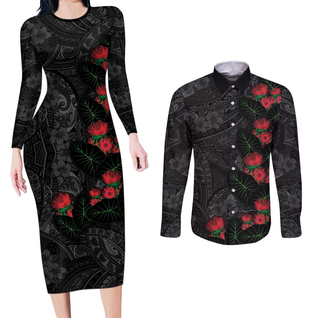 Hawaiian Taro Leaves and Ohia Lehua Couples Matching Long Sleeve Bodycon Dress and Long Sleeve Button Shirt Polynesian Tribal Art Tropical Plants Motifs Grayscale