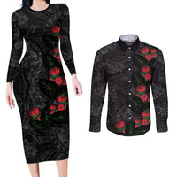 Hawaiian Taro Leaves and Ohia Lehua Couples Matching Long Sleeve Bodycon Dress and Long Sleeve Button Shirt Polynesian Tribal Art Tropical Plants Motifs Grayscale