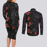 Hawaiian Taro Leaves and Ohia Lehua Couples Matching Long Sleeve Bodycon Dress and Long Sleeve Button Shirt Polynesian Tribal Art Tropical Plants Motifs Grayscale