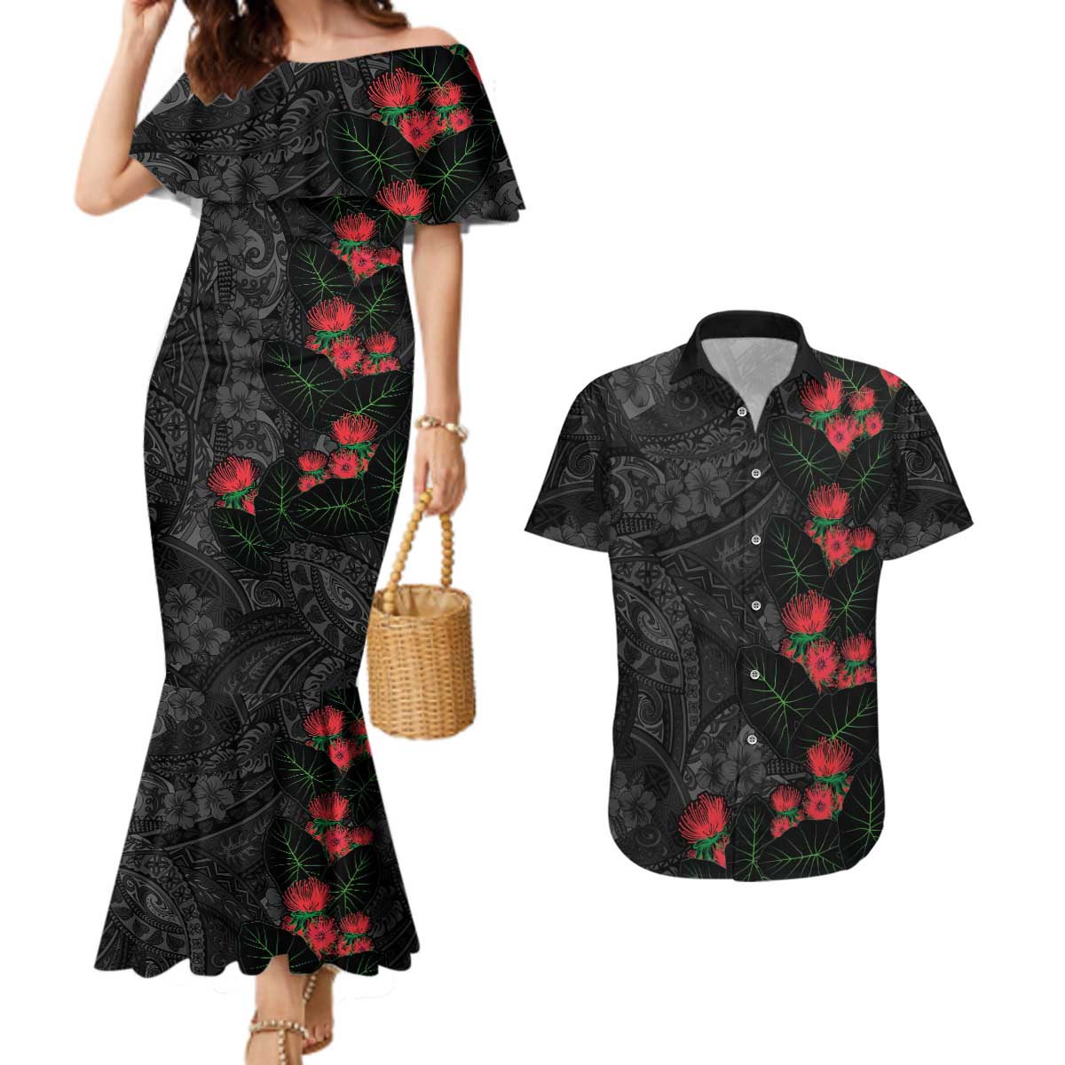 Hawaiian Taro Leaves and Ohia Lehua Couples Matching Mermaid Dress and Hawaiian Shirt Polynesian Tribal Art Tropical Plants Motifs Grayscale
