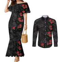 Hawaiian Taro Leaves and Ohia Lehua Couples Matching Mermaid Dress and Long Sleeve Button Shirt Polynesian Tribal Art Tropical Plants Motifs Grayscale