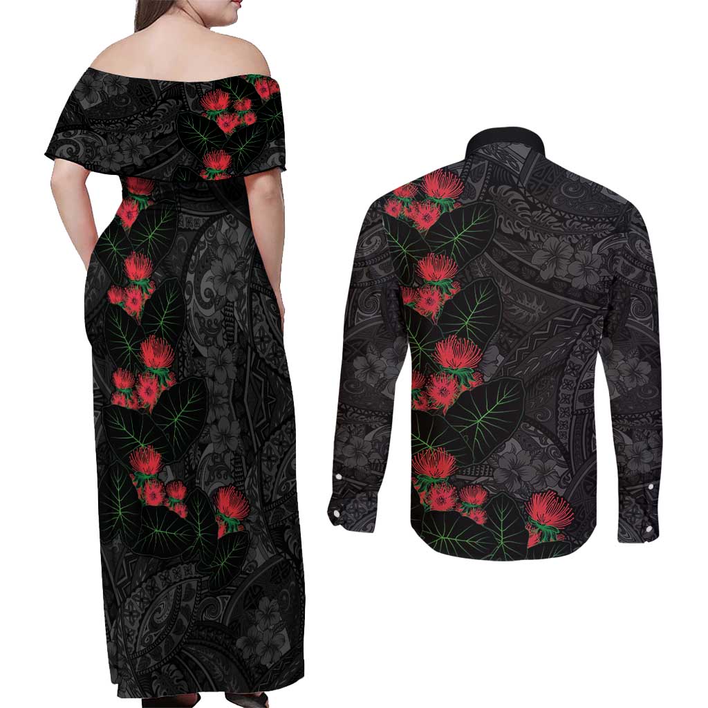 Hawaiian Taro Leaves and Ohia Lehua Couples Matching Off Shoulder Maxi Dress and Long Sleeve Button Shirt Polynesian Tribal Art Tropical Plants Motifs Grayscale