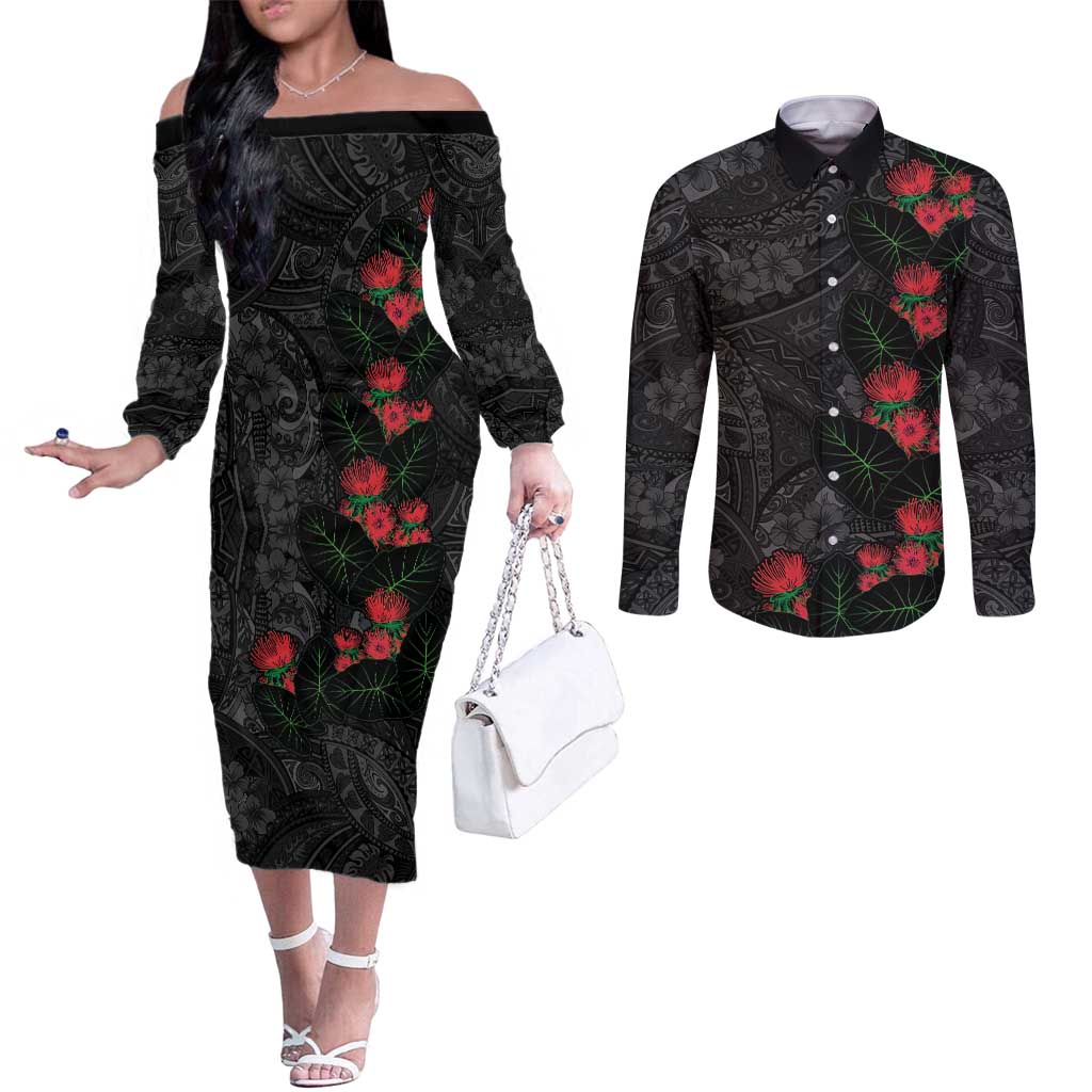 Hawaiian Taro Leaves and Ohia Lehua Couples Matching Off The Shoulder Long Sleeve Dress and Long Sleeve Button Shirt Polynesian Tribal Art Tropical Plants Motifs Grayscale
