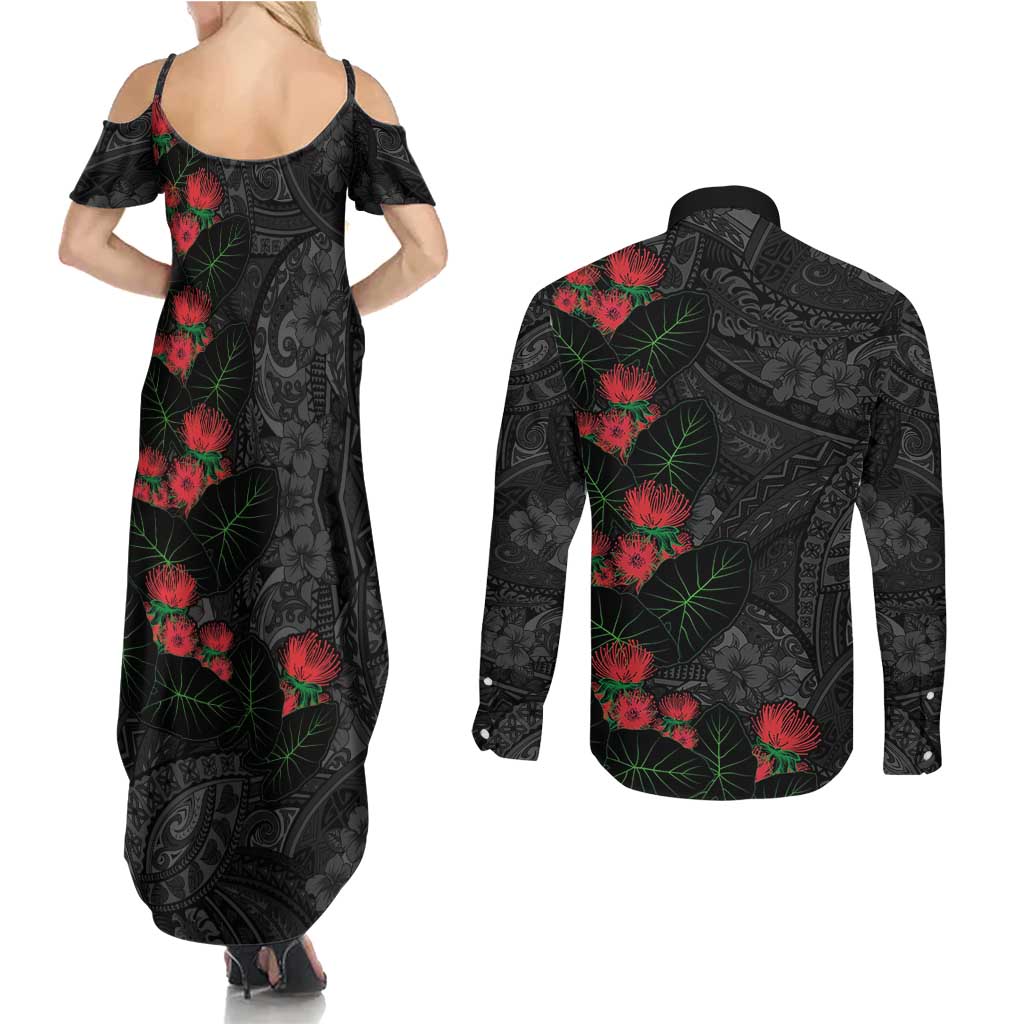 Hawaiian Taro Leaves and Ohia Lehua Couples Matching Summer Maxi Dress and Long Sleeve Button Shirt Polynesian Tribal Art Tropical Plants Motifs Grayscale