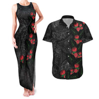 Hawaiian Taro Leaves and Ohia Lehua Couples Matching Tank Maxi Dress and Hawaiian Shirt Polynesian Tribal Art Tropical Plants Motifs Grayscale